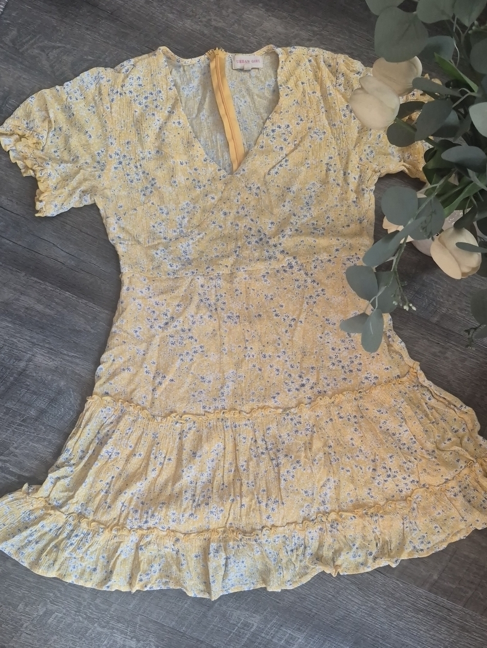 Urban Girl Yellow Floral Ruffle Short Dress Large